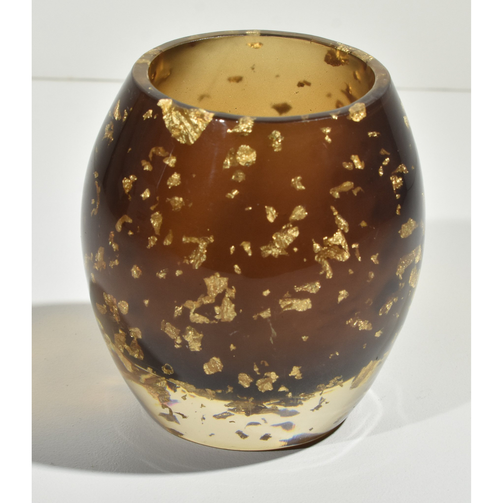 Lucite Gold Flake Amber Votive Candleholder Nicole Miller New York MCM Mid Mod